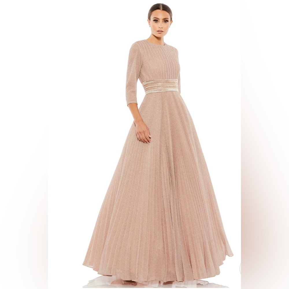 Ieena for Mac Duggal shimmering pleated a-line 3/4 sleeve gown rose gold size 16